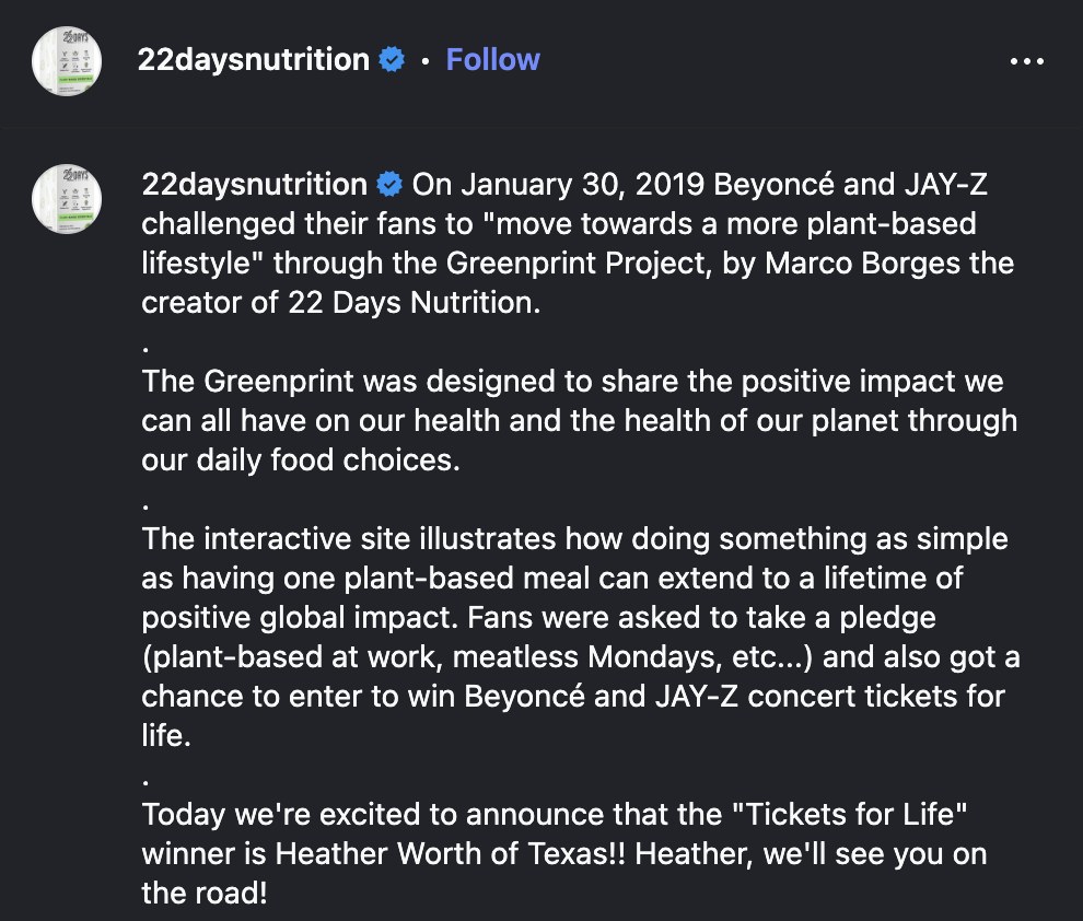 The Greenprint Project: Beyoncé and JAY-Z challenged fans to go plant-based, with a chance to win concert tickets for life