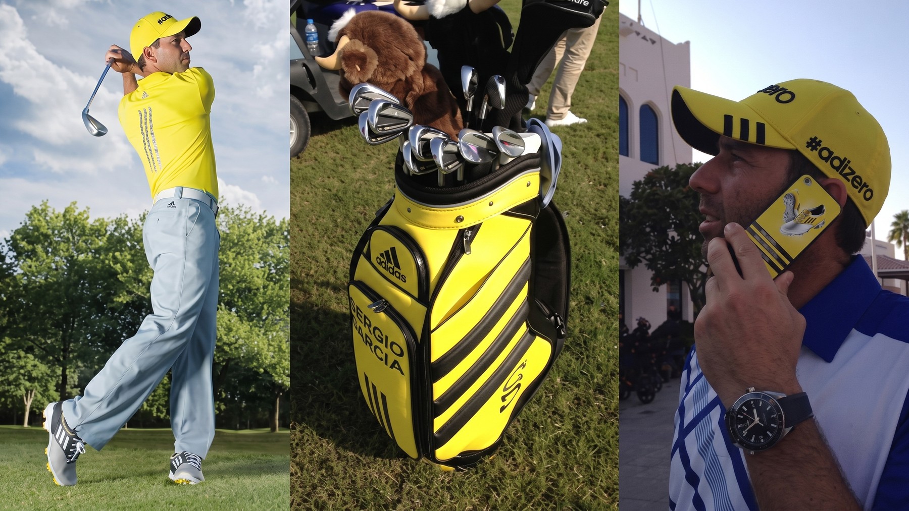 Sergio Garcia in head-to-toe adizero yellow — swing, bag and campaign kit