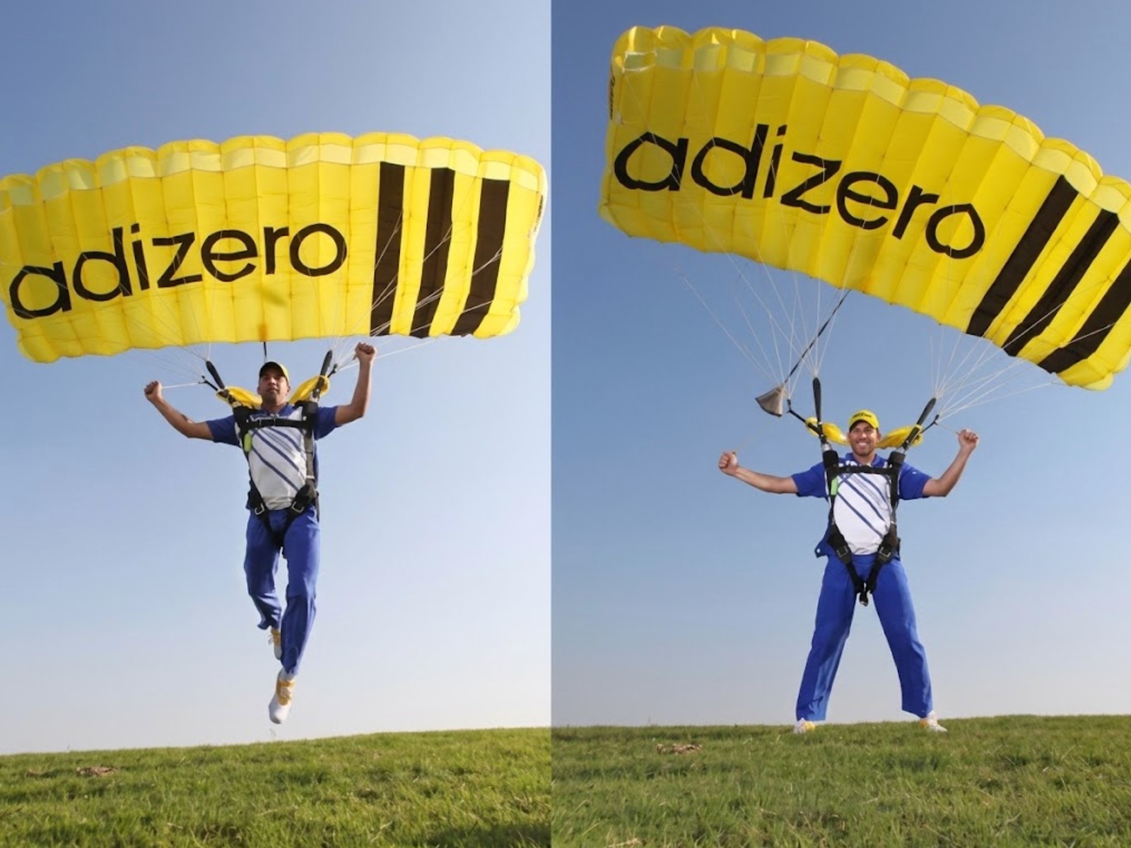 A skydiver descending under an adizero-yellow parachute to deliver the shoes