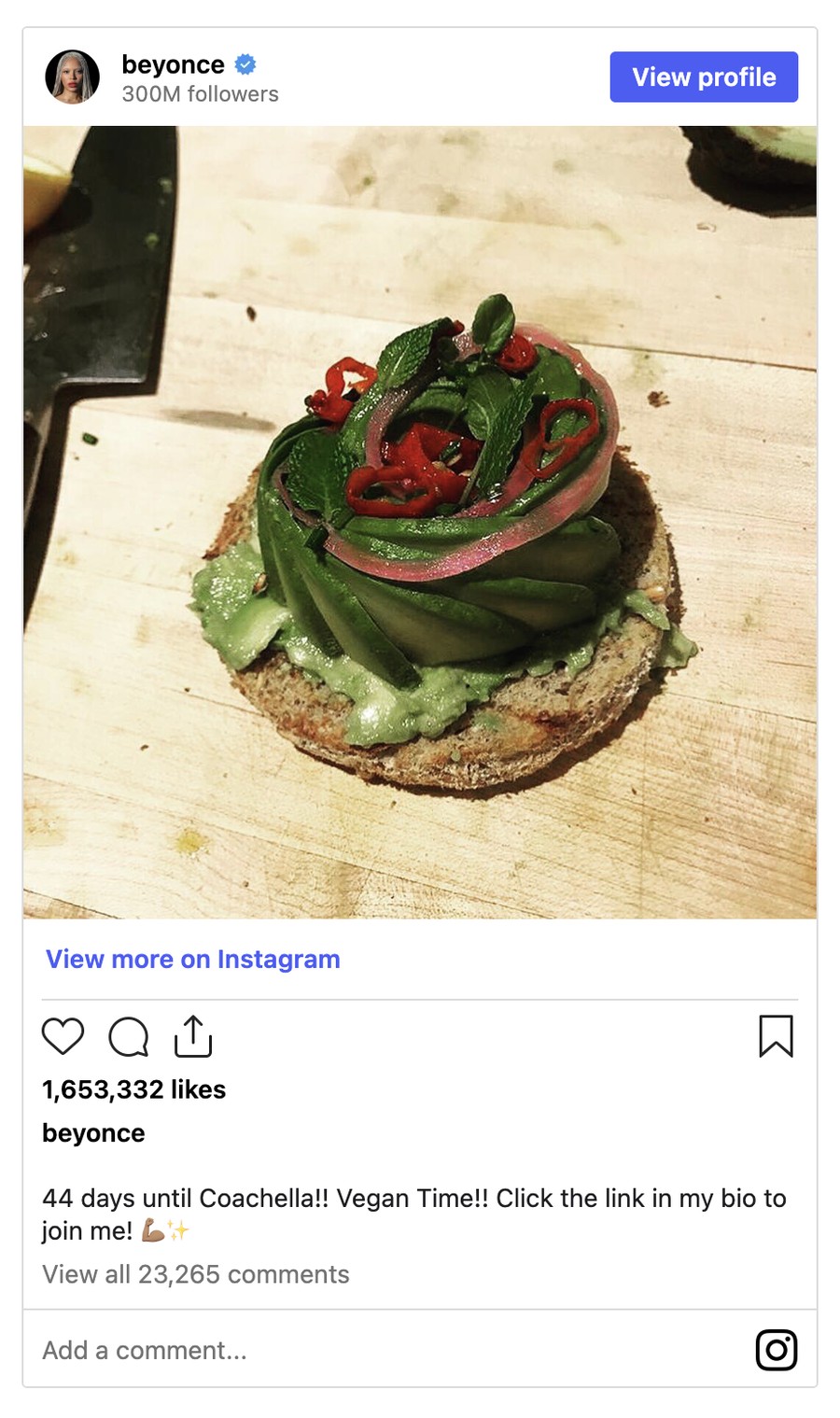 Beyoncé's Instagram post of a 22 Days vegan dish, 1.65M likes