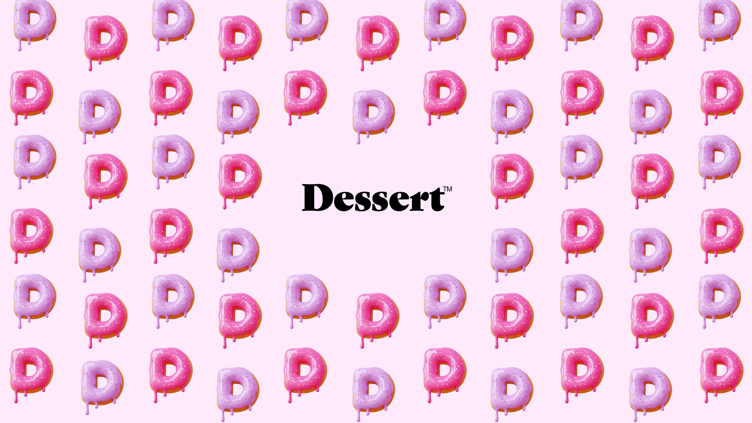 Dessert brand pattern — glazed donut letter D tiles in pink and purple with dripping icing, the Dessert wordmark centered