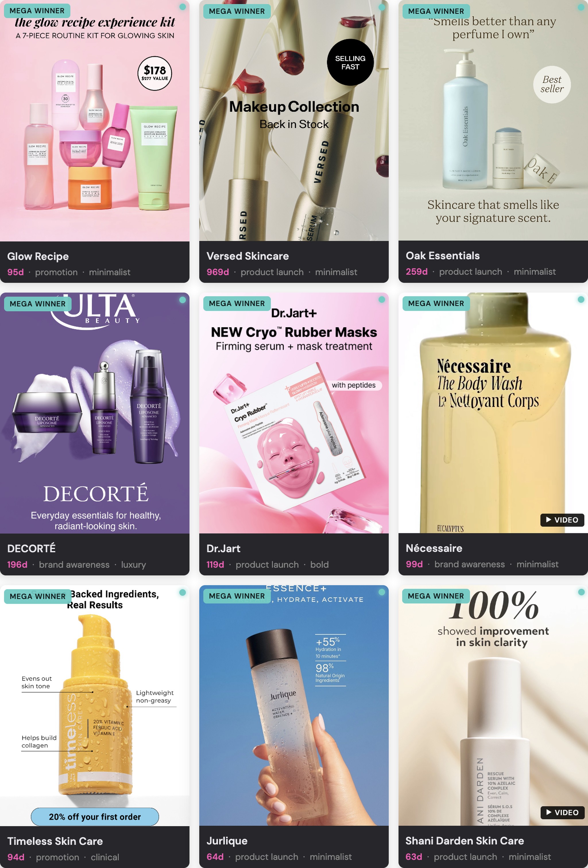A grid of mega-winner skincare ads Dessert identified, each labeled with how many days it has run, its objective and its style