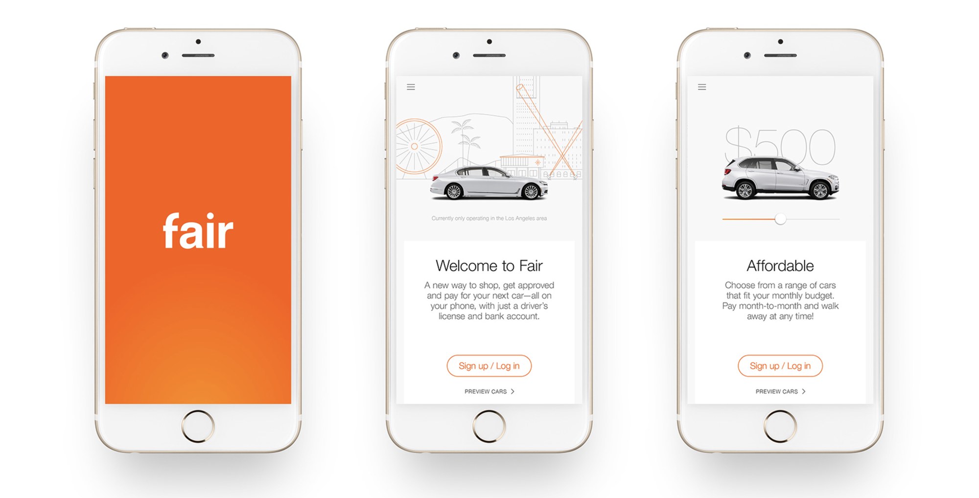 The Fair app onboarding — the splash, a welcome screen and an affordability step