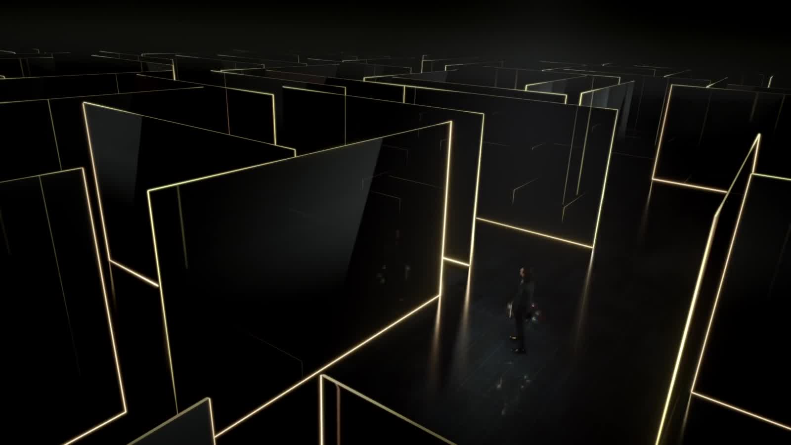 A figure in the neon maze of light and glass