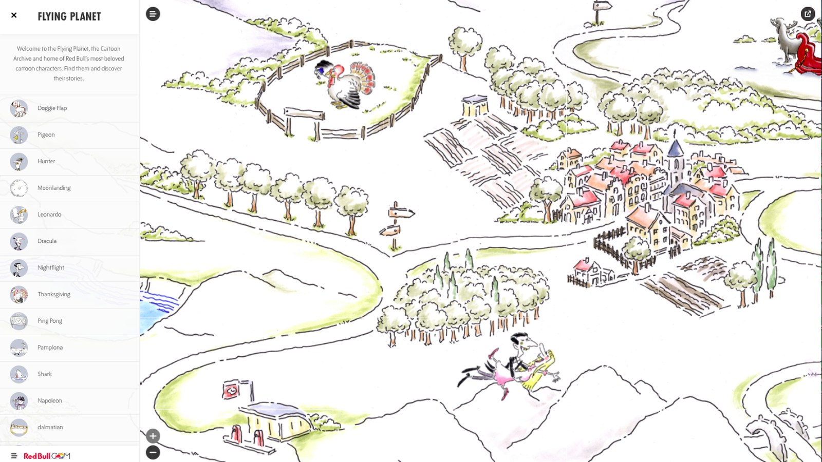 The explorable cartoon map, with every spot listed and its own village or city