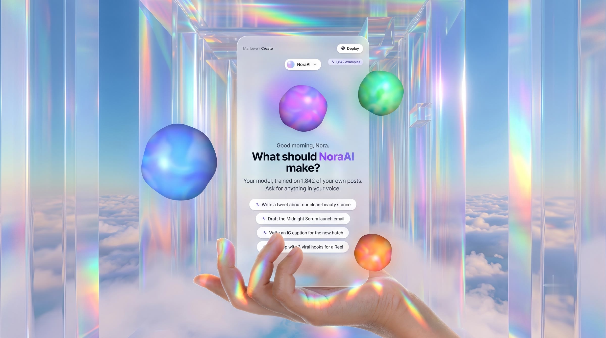 YouAI — a hand holding a glass phone showing the chat, asking your own model to make anything, surrounded by your fine-tuned model orbs floating above the clouds