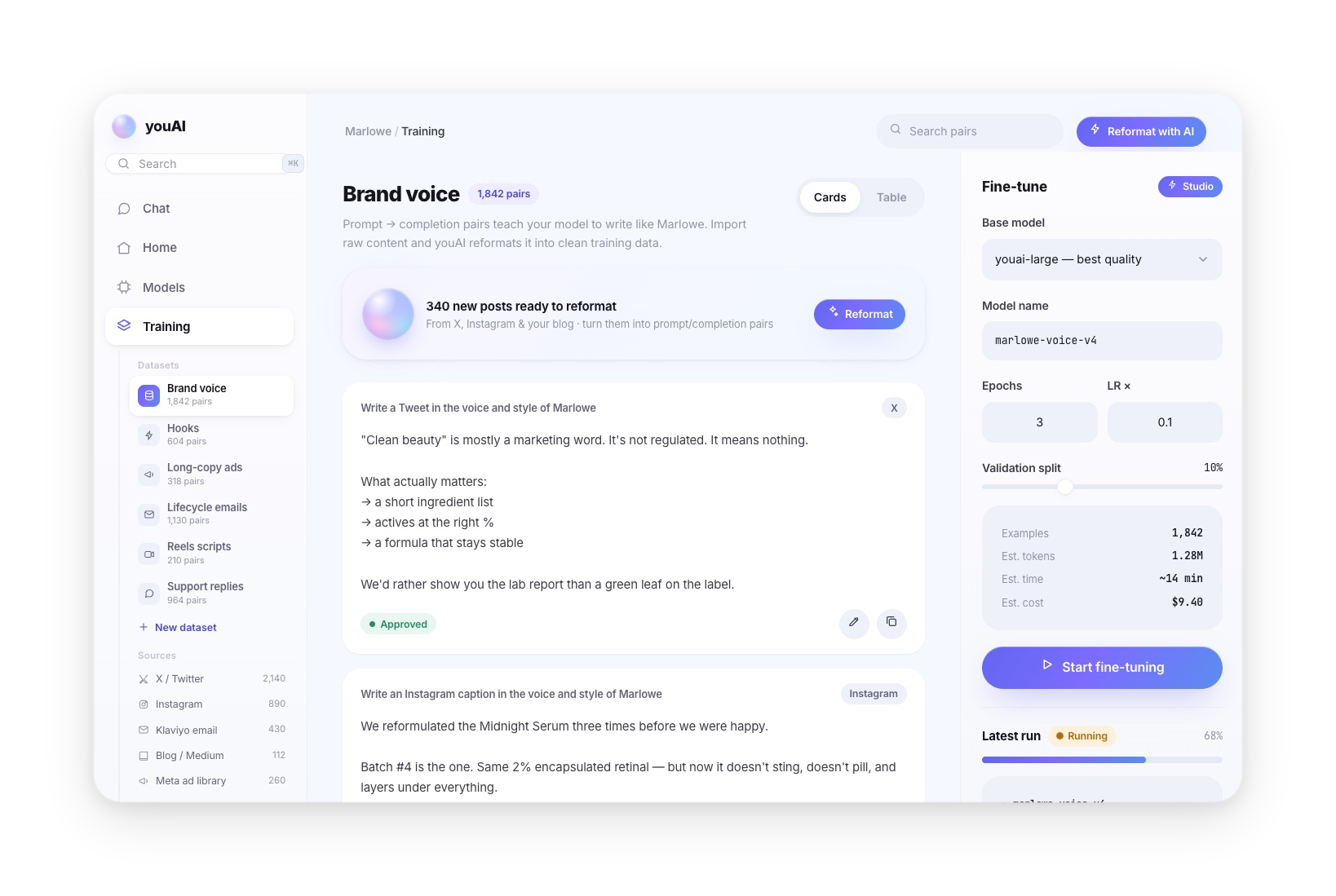 YouAI training studio — your posts reformatted into prompt and completion pairs, with a fine-tune panel and a live training run